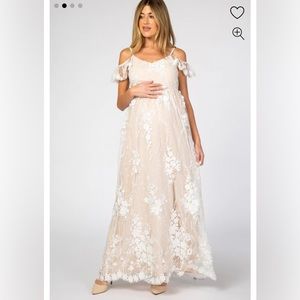 PinkBlush Maternity Ivory Floral Embroidered Mesh Maternity Evening Gown. XL.